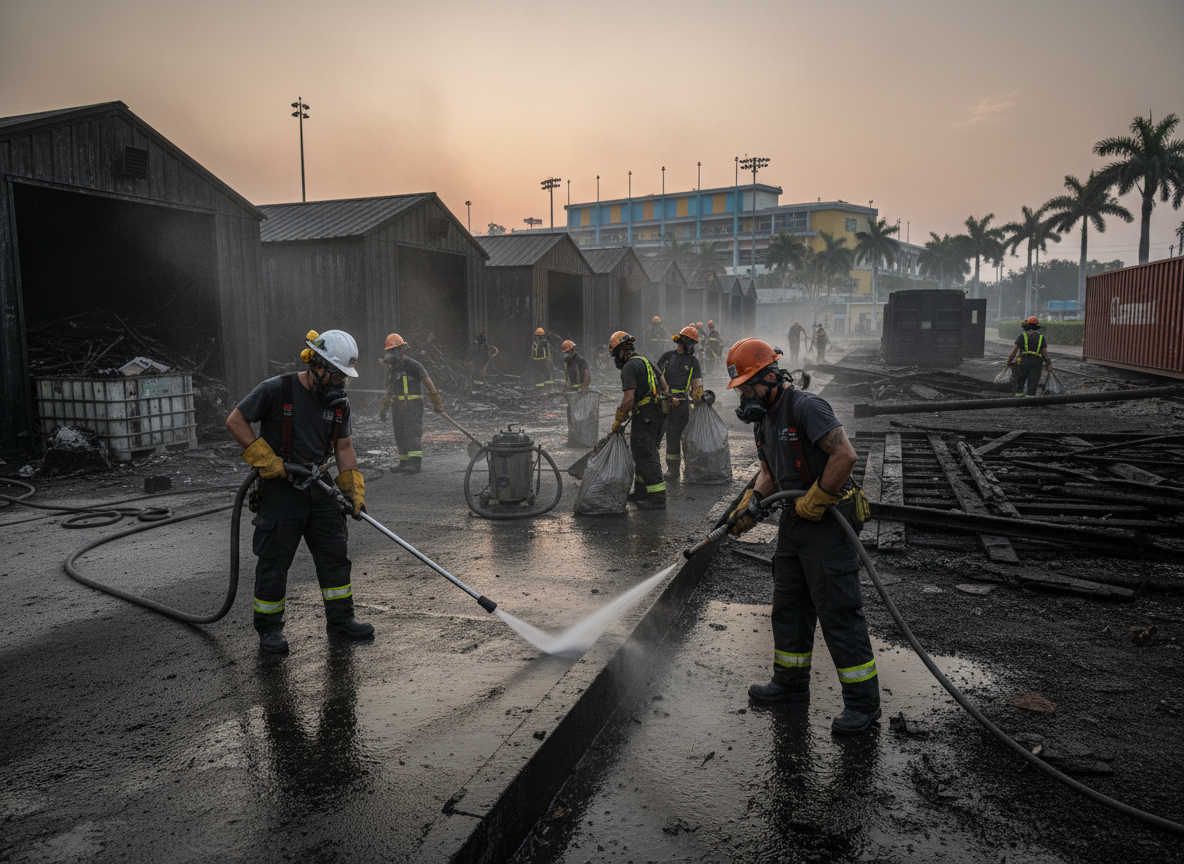 Clearing Ash and Debris from Hallandale Yards Near Gulfstream Park